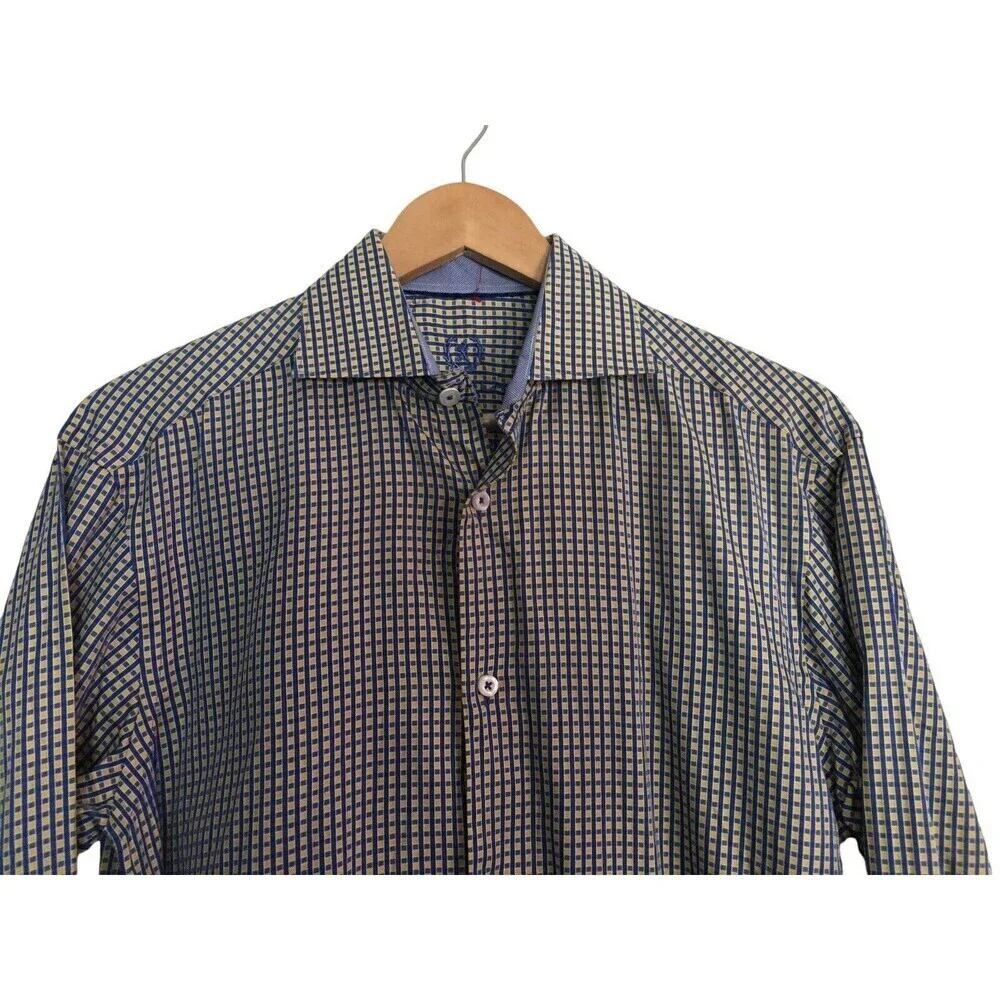 Bugatchi Vomo Dress Shirt Men's Size 15 34/25 Yellow Blue Long Sleeve